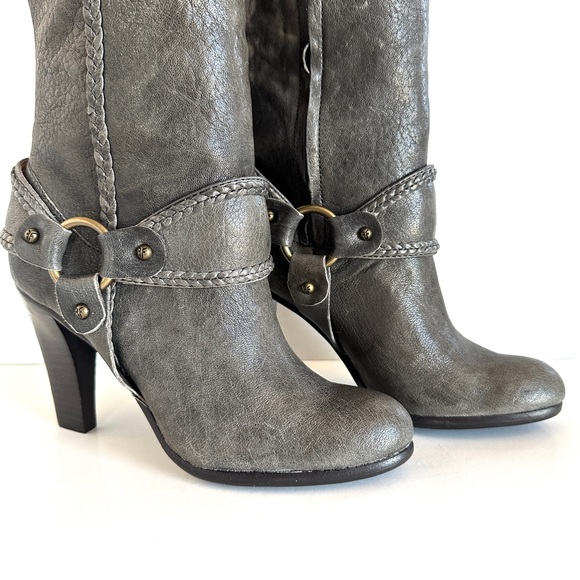 FRYE VICKI TALL GRAY DISTRESSED HARNESS BRAIDED LEATHER HIGH HEEL BOOTS NWT! Sz6 - Picture 4 of 13